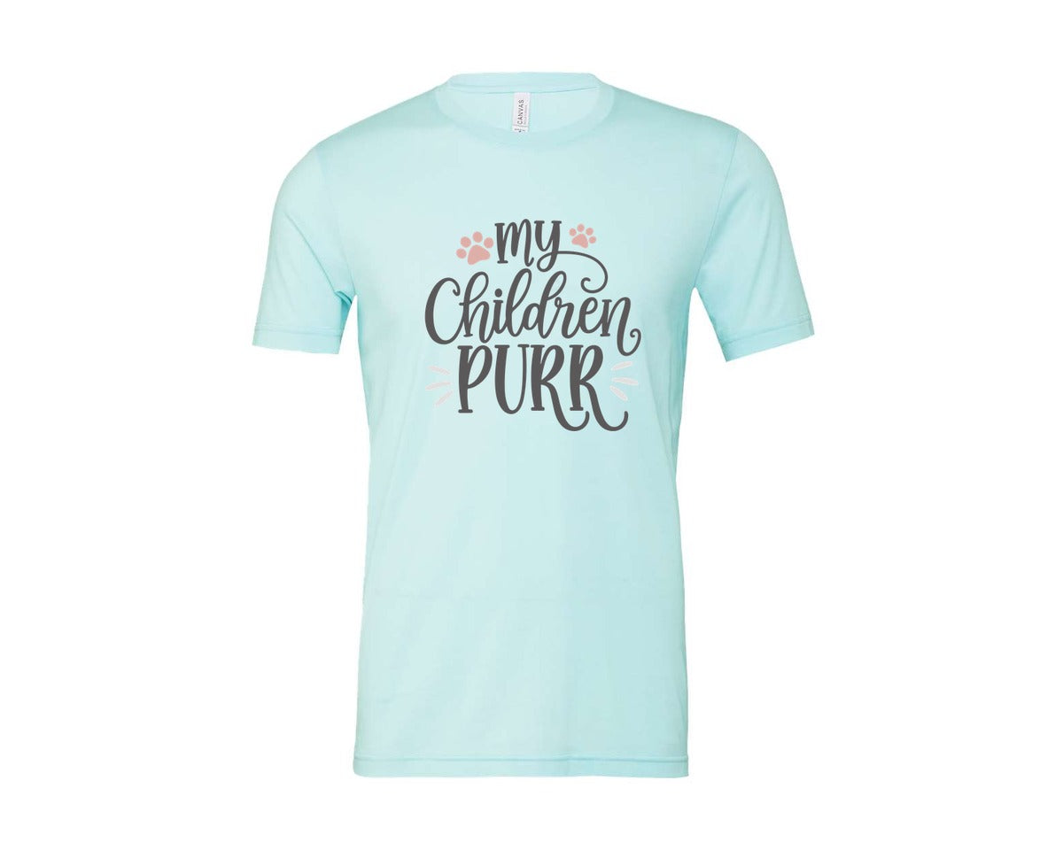 brand:Bella Canvas|color:Heather Ice Blue|My Children Purr Cute Cat Quote Graphic T-Shirt