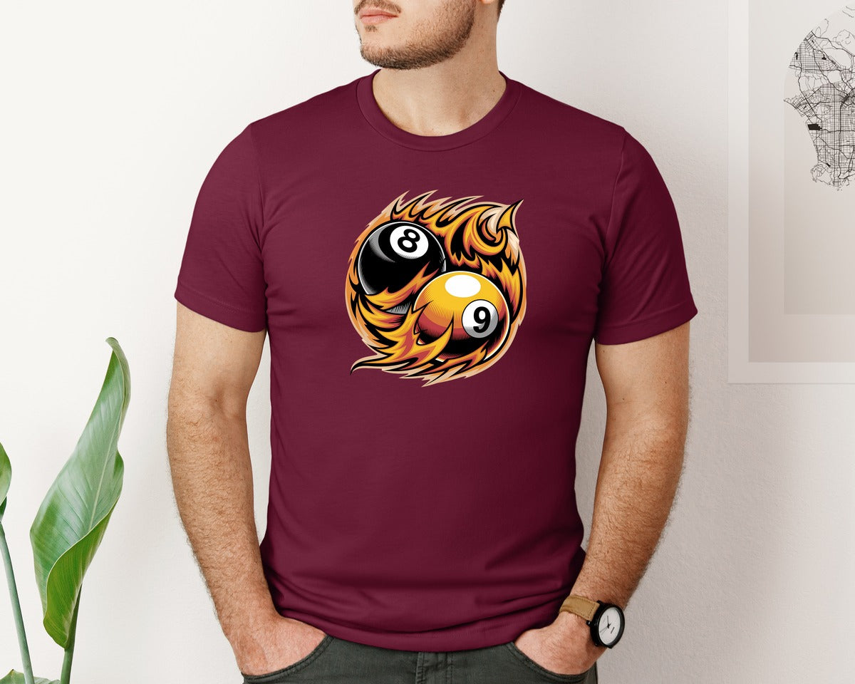 brand:Bella Canvas|color:Heather Maroon|Flaming 8 9 Ball Billiards Graphic T-Shirt