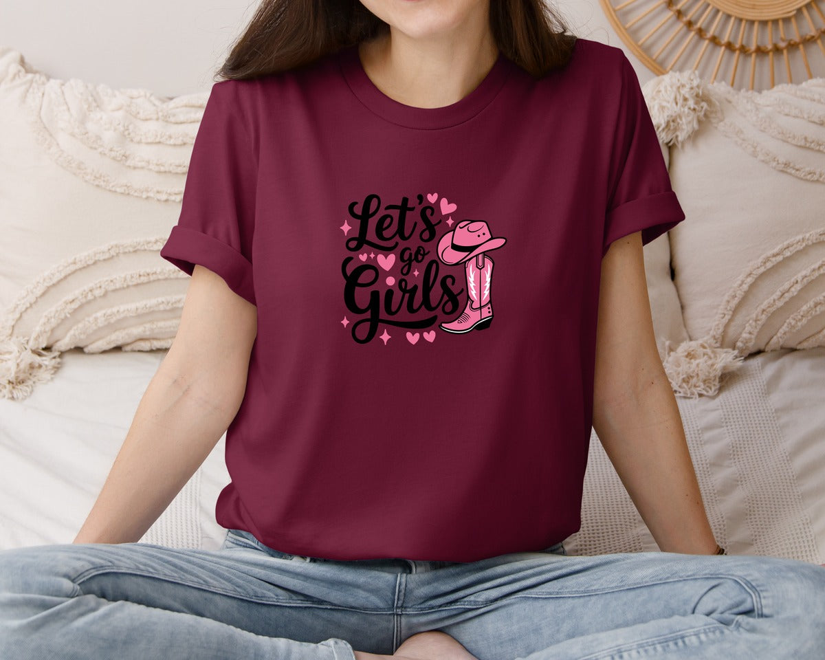 brand:Bella Canvas|color:Heather Maroon|Lets Go Girls Western Cowgirl Graphic T-Shirt