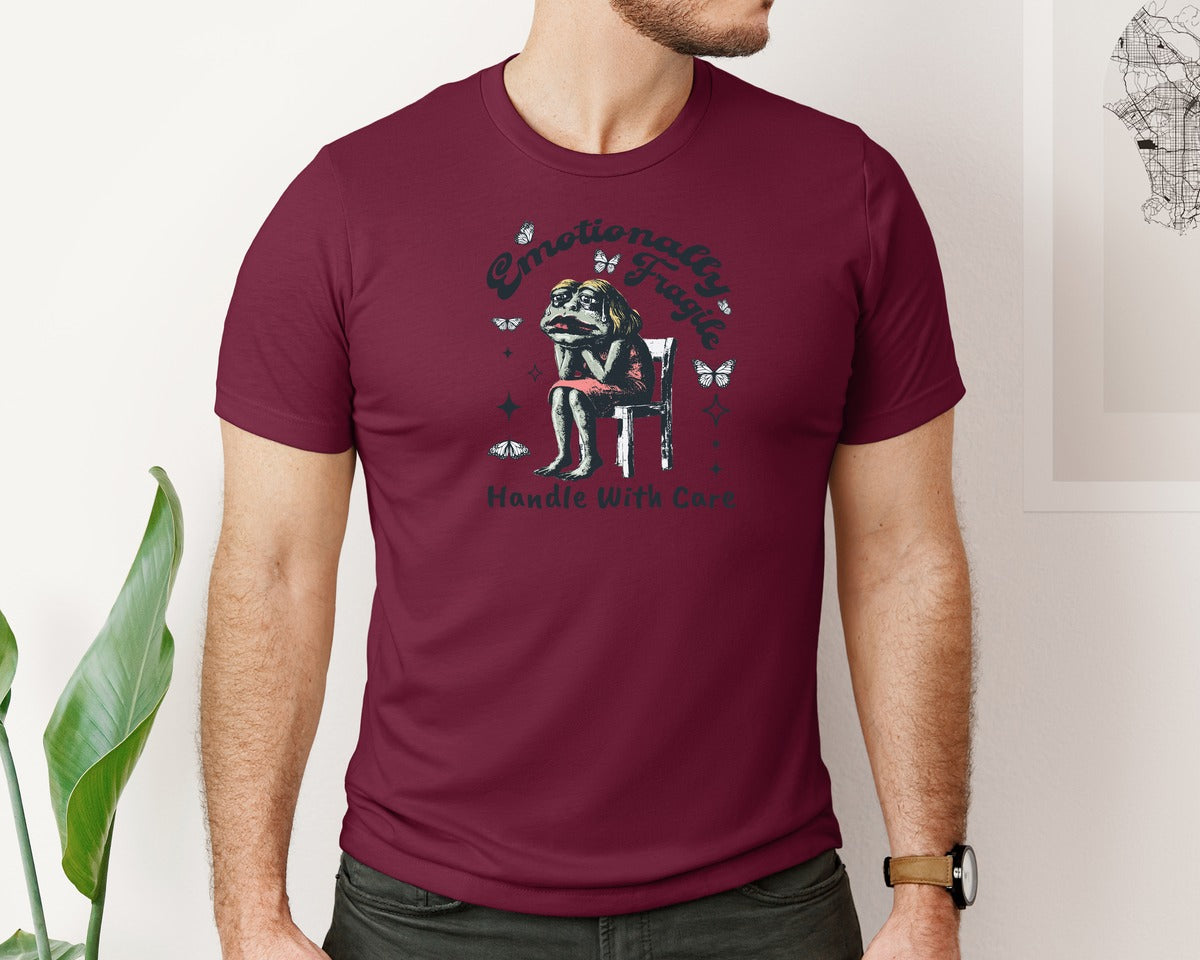 brand:Bella Canvas|color:Heather Maroon|Frog Woman With Tears Emotionally Shirt Graphic T-Shirt