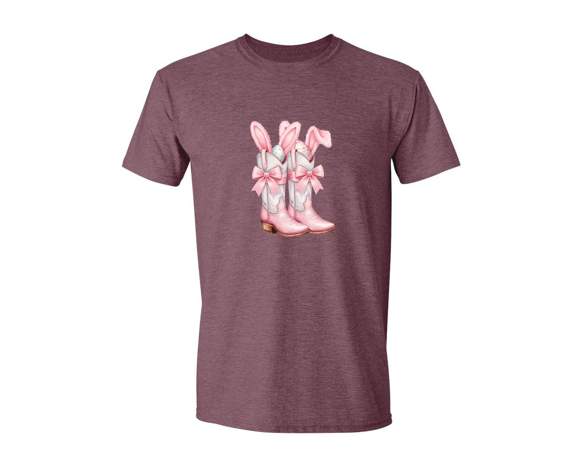 brand:Generic|color:Heather Maroon|Howdy Western Easter Bunny Cowboy Boots Graphic T-Shirt