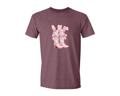brand:Generic|color:Heather Maroon|Howdy Western Easter Bunny Cowboy Boots Graphic T-Shirt