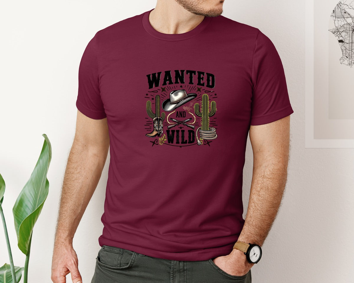 brand:Bella Canvas|color:Heather Maroon|Western Wanted And Wild T Shirt Graphic T-Shirt