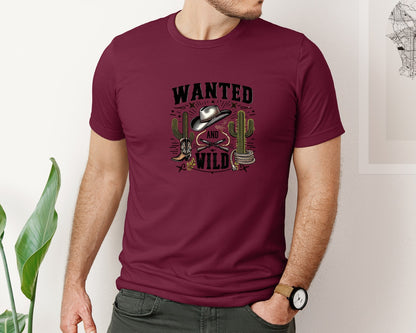 brand:Bella Canvas|color:Heather Maroon|Western Wanted And Wild T Shirt Graphic T-Shirt