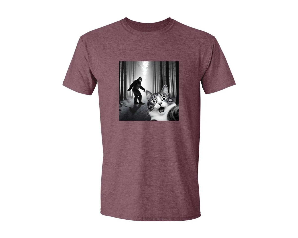 brand:Generic|color:Heather Maroon|Cat Selfie With Sasquatch Graphic T-Shirt