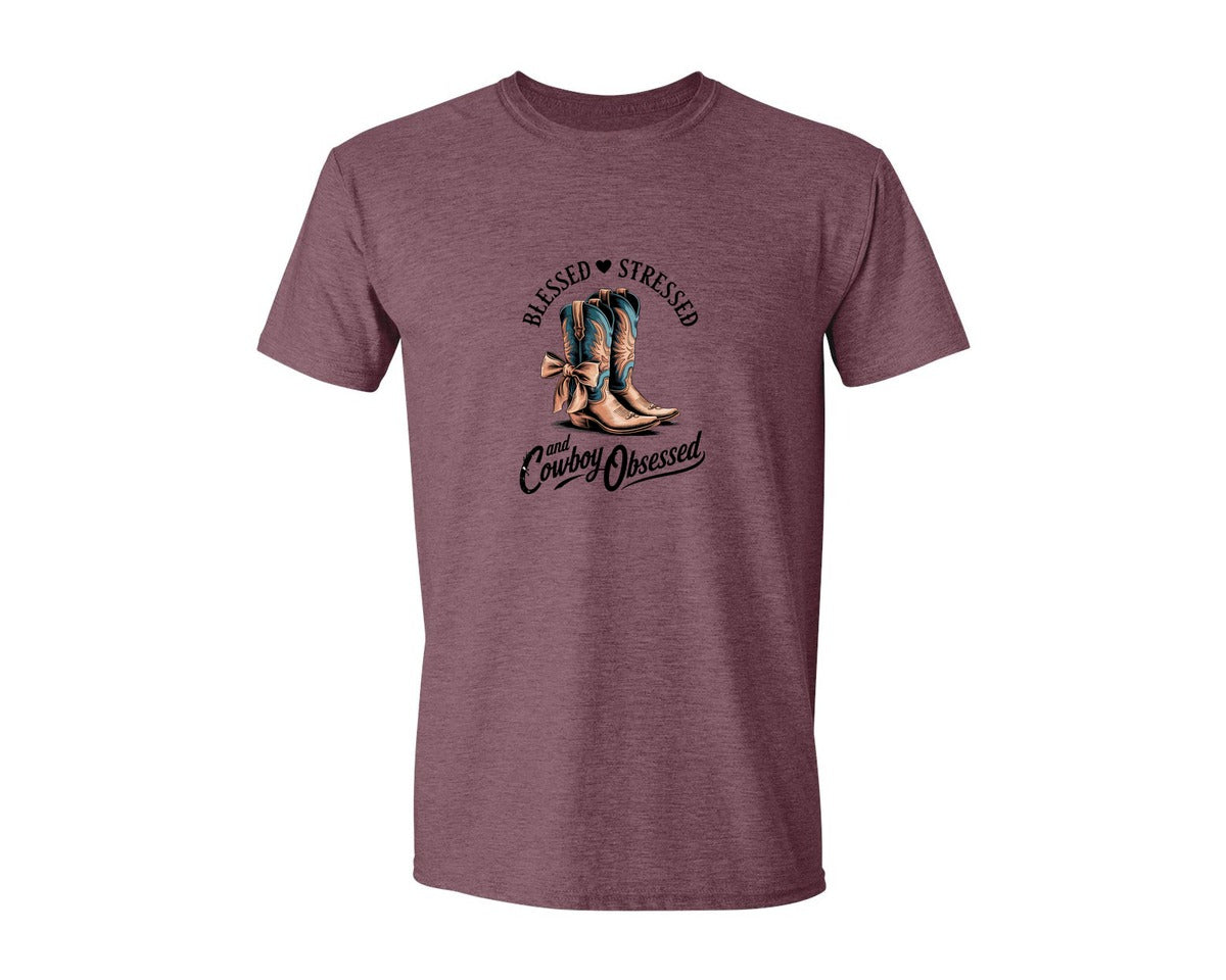 brand:Generic|color:Heather Maroon|Blessed Stressed Mom Western Mothers Day 3 Graphic T-Shirt