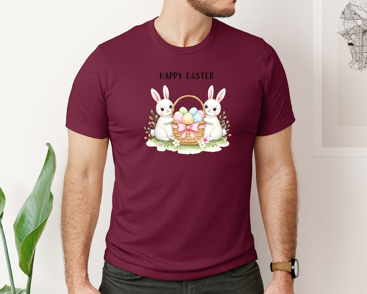 brand:Bella Canvas|color:Heather Maroon|Happy Easter Bunnies With Basket Cu Graphic T-Shirt
