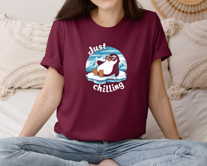 brand:Bella Canvas|color:Heather Maroon|Just Chilling Penguin Pun Relaxed Vibes Graphic T-Shirt