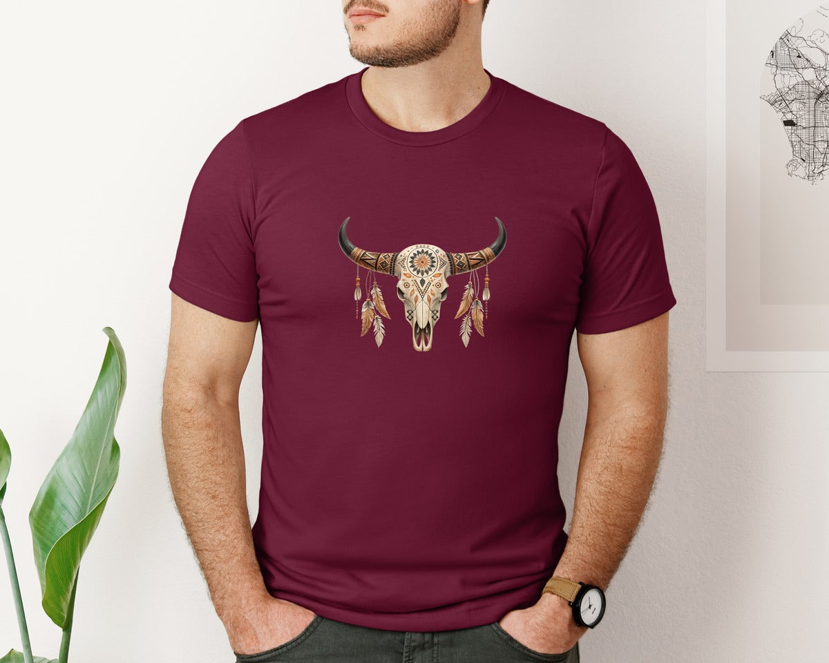 brand:Bella Canvas|color:Heather Maroon|Western Bull Skull Aztec Boho Longhorn 2 Graphic T-Shirt