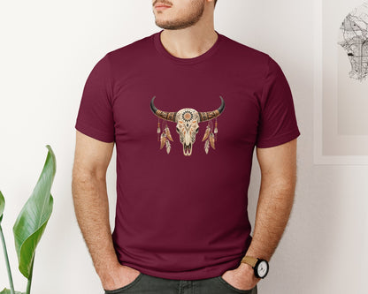 brand:Bella Canvas|color:Heather Maroon|Western Bull Skull Aztec Boho Longhorn 2 Graphic T-Shirt