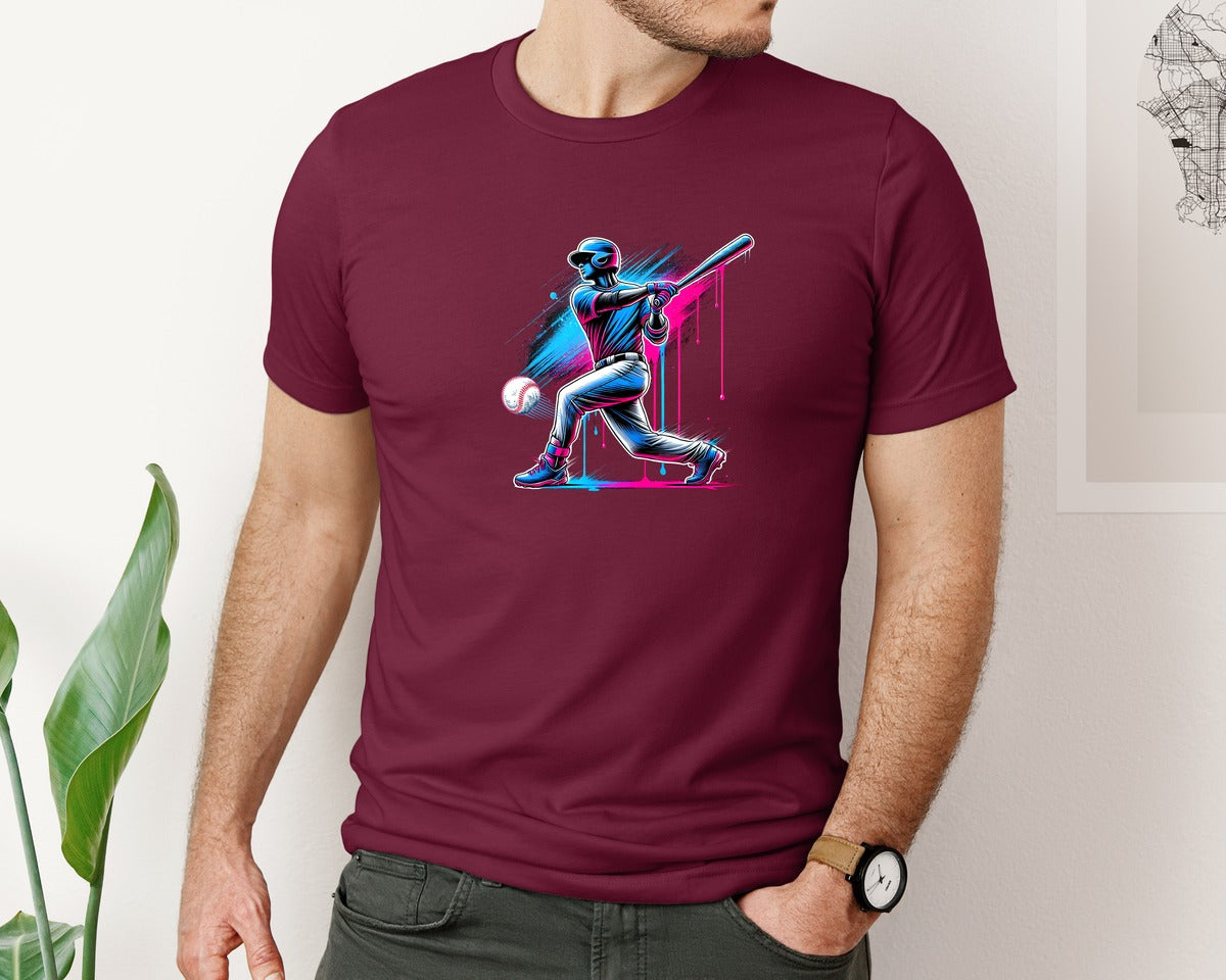 brand:Bella Canvas|color:Heather Maroon|Baseball Player Ice Cream Drip Baseball Graphic T-Shirt