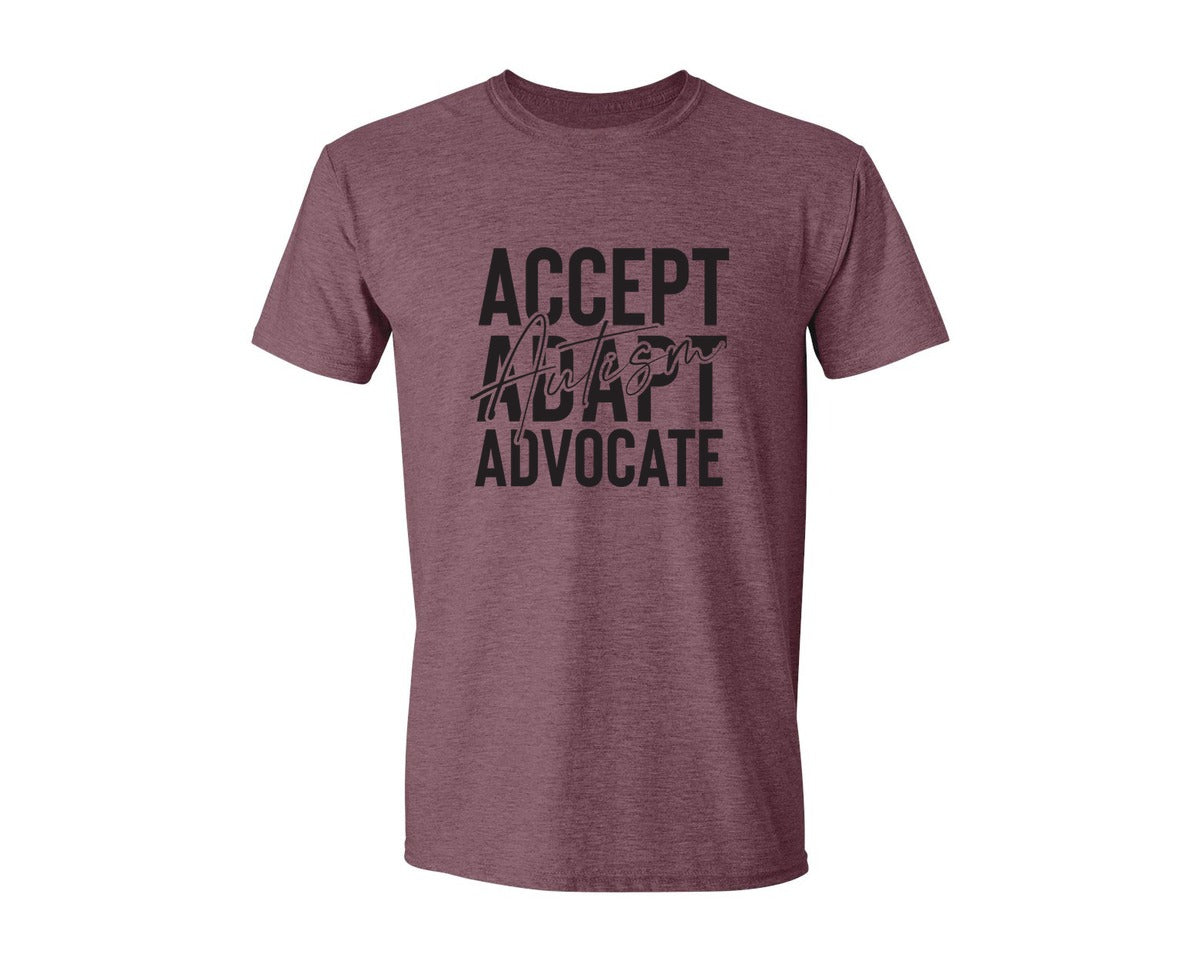 brand:Generic|color:Heather Maroon|Accept Adapt Advocate Autism Graphic T-Shirt