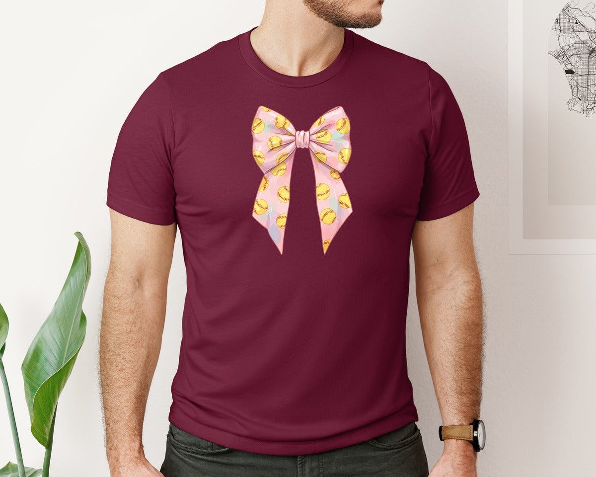 brand:Bella Canvas|color:Heather Maroon|Softball Bow Graphic T-Shirt
