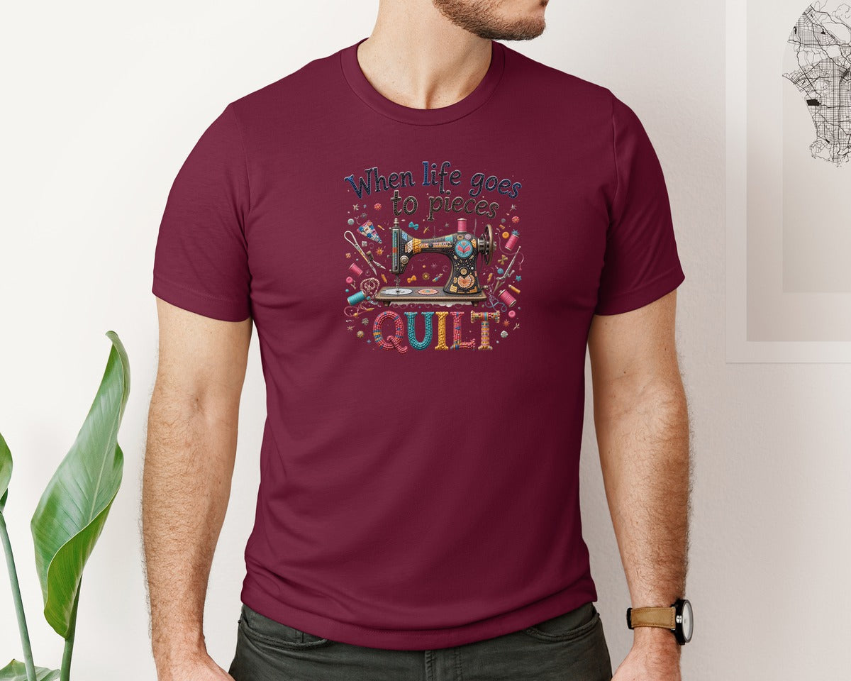 brand:Bella Canvas|color:Heather Maroon|Quilting When Life Goes To Pieces Graphic T-Shirt