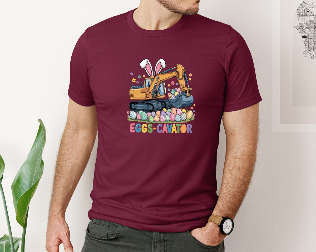 brand:Bella Canvas|color:Heather Maroon|Eggs Cavator Easter Excavator 3 Graphic T-Shirt