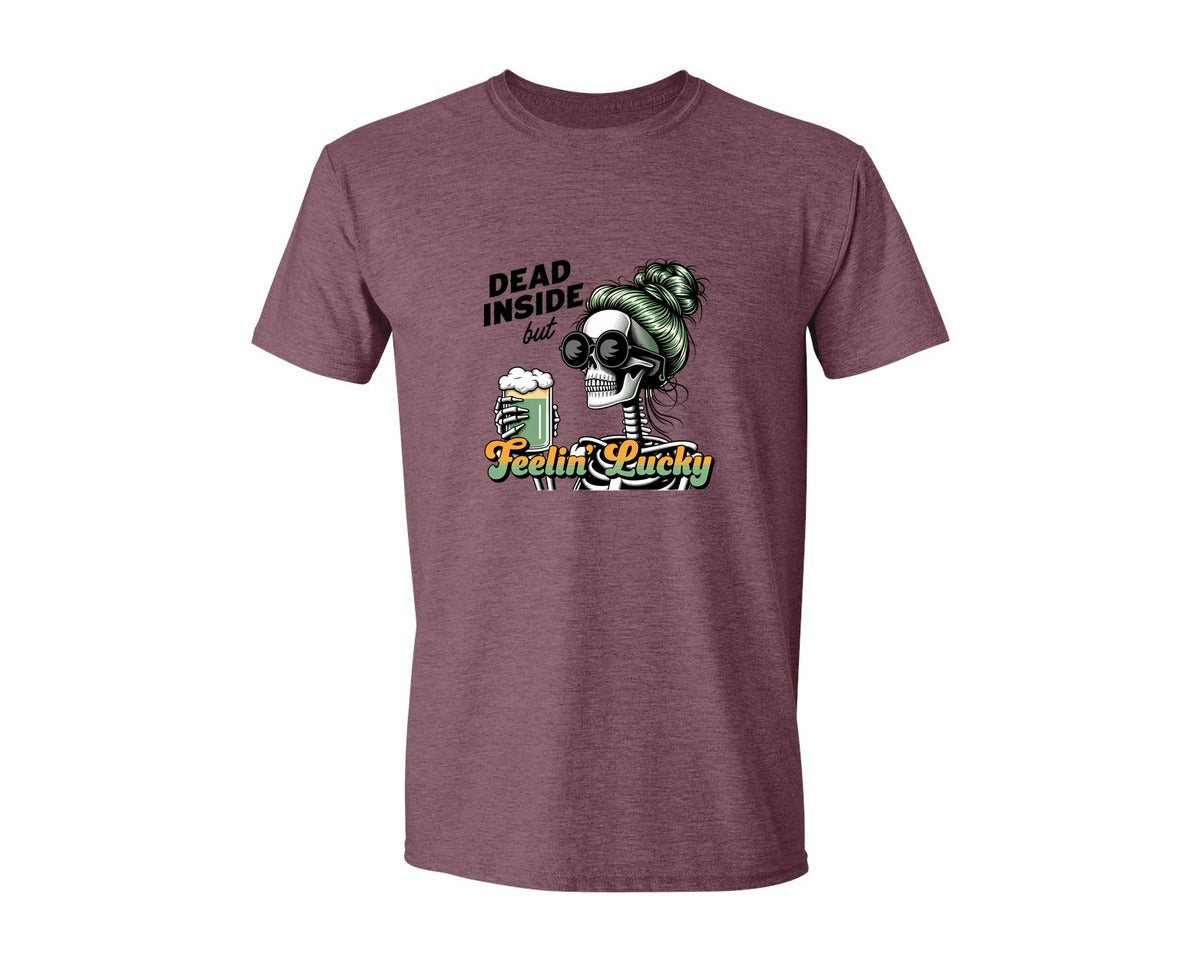 brand:Generic|color:Heather Maroon|Dead Inside But Feelin Lucky 6 Graphic T-Shirt