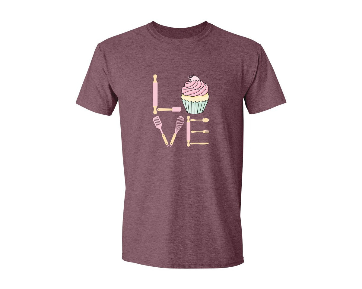 brand:Generic|color:Heather Maroon|Baking Love Cupcake Whisk Spatula Graphic T-Shirt