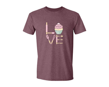 brand:Generic|color:Heather Maroon|Baking Love Cupcake Whisk Spatula Graphic T-Shirt