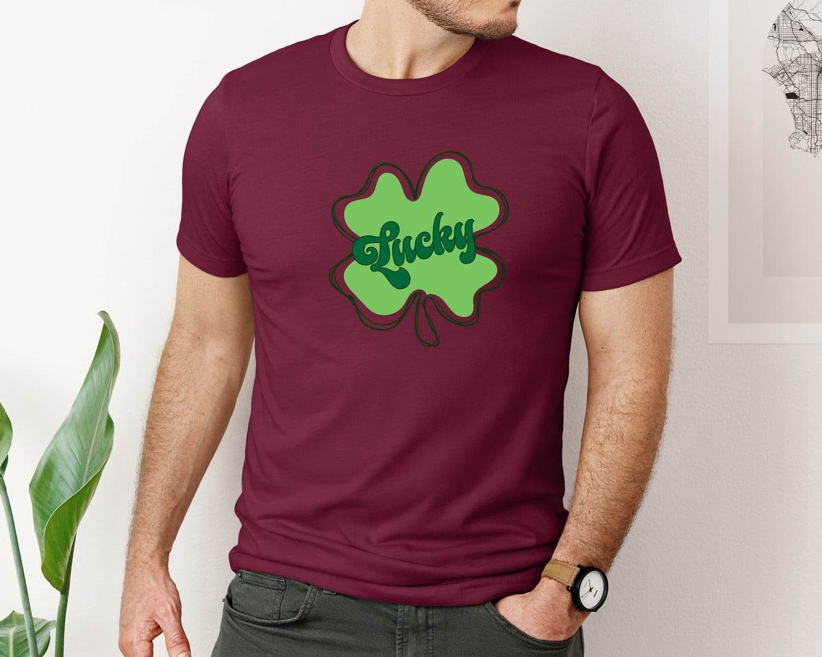 brand:Bella Canvas|color:Heather Maroon|Lucky St Patricks Day Clover 2 Graphic T-Shirt
