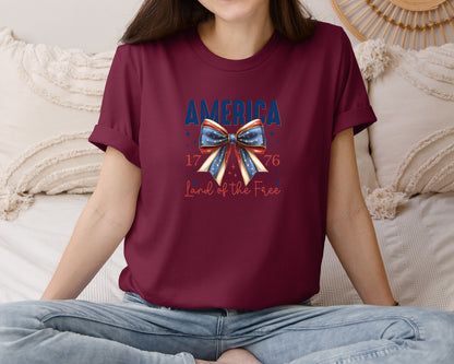 brand:Bella Canvas|color:Heather Maroon|America Bow Land Of The Free Graphic T-Shirt
