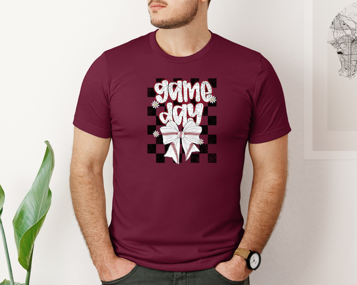 brand:Bella Canvas|color:Heather Maroon|Checkered Baseball Game Day Graphic T-Shirt