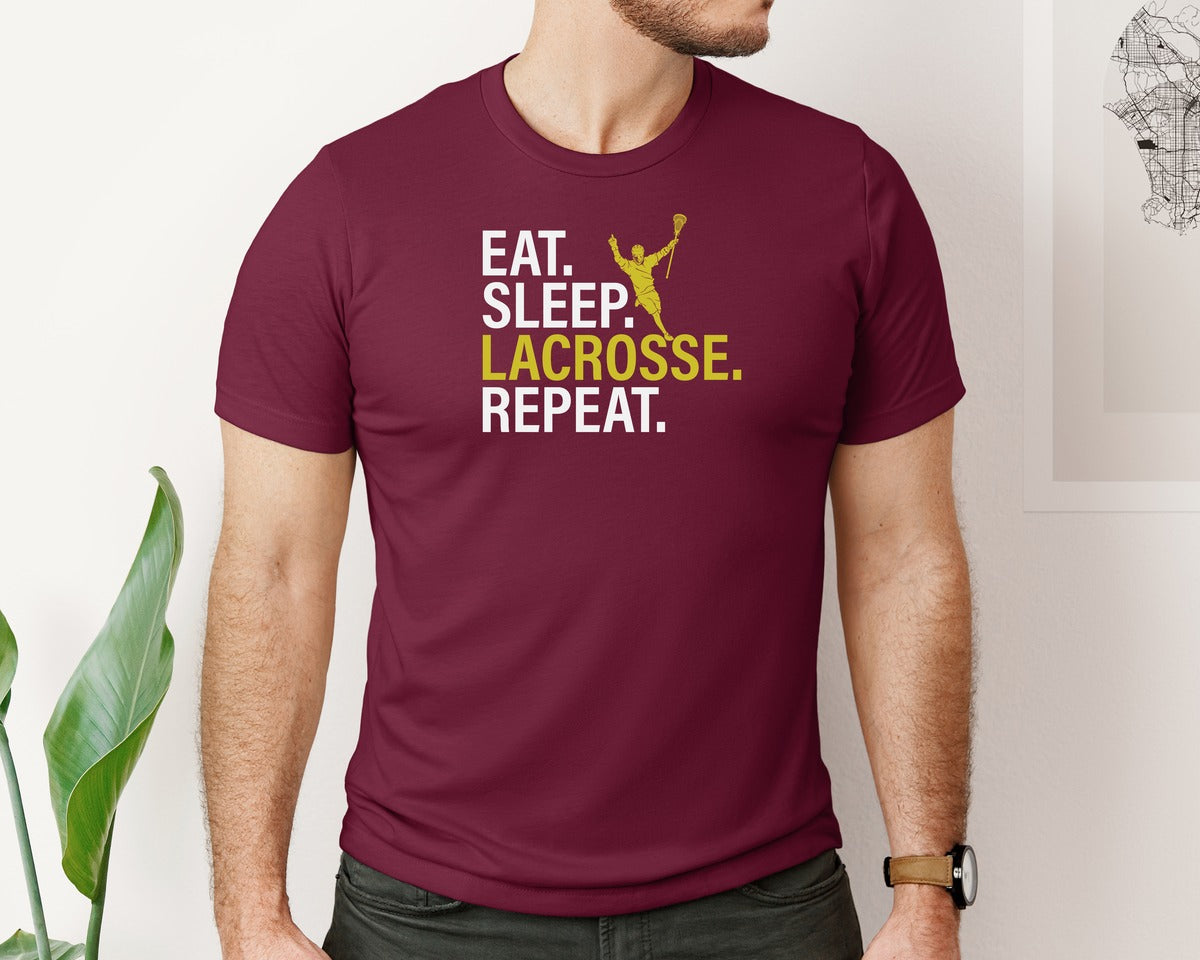brand:Bella Canvas|color:Heather Maroon|Eat Sleep Lacrosse Repeat Sports Team Graphic T-Shirt