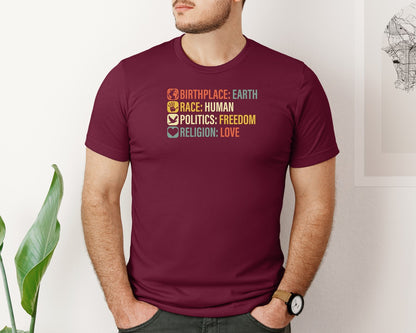 brand:Bella Canvas|color:Heather Maroon|Birthplace Earth Race Human Politics 4 Graphic T-Shirt