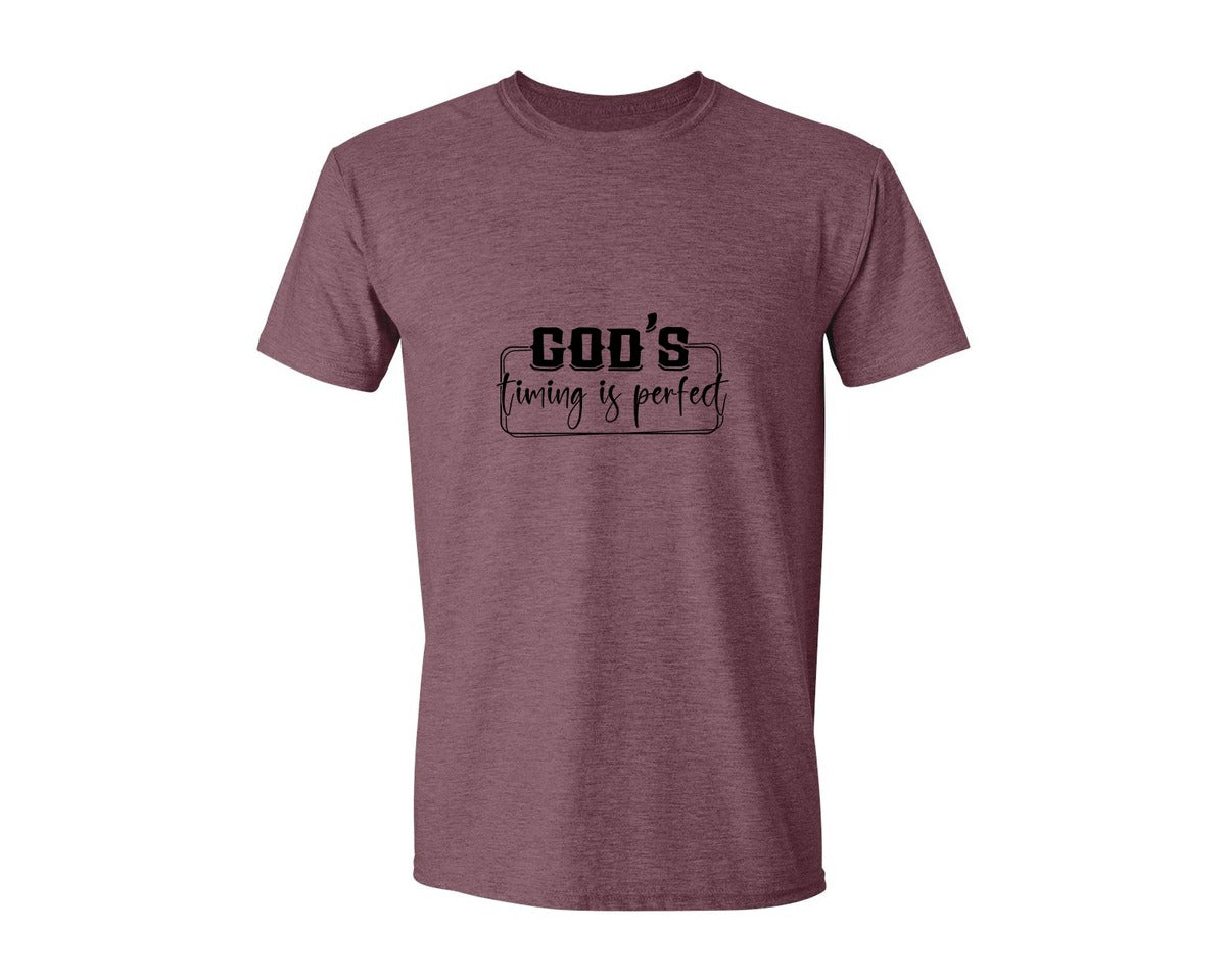 brand:Generic|color:Heather Maroon|Gods Timing Is Perfect Sleeve Design Graphic T-Shirt