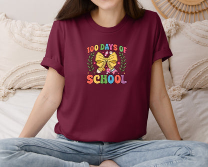 brand:Bella Canvas|color:Heather Maroon|100 Days Of School Coquette 38 Graphic T-Shirt