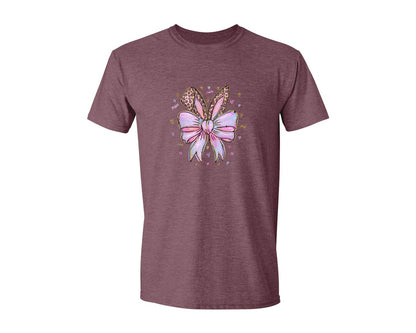 brand:Generic|color:Heather Maroon|Leopard Bunny Ears Pink Blue Bow Graphic T-Shirt