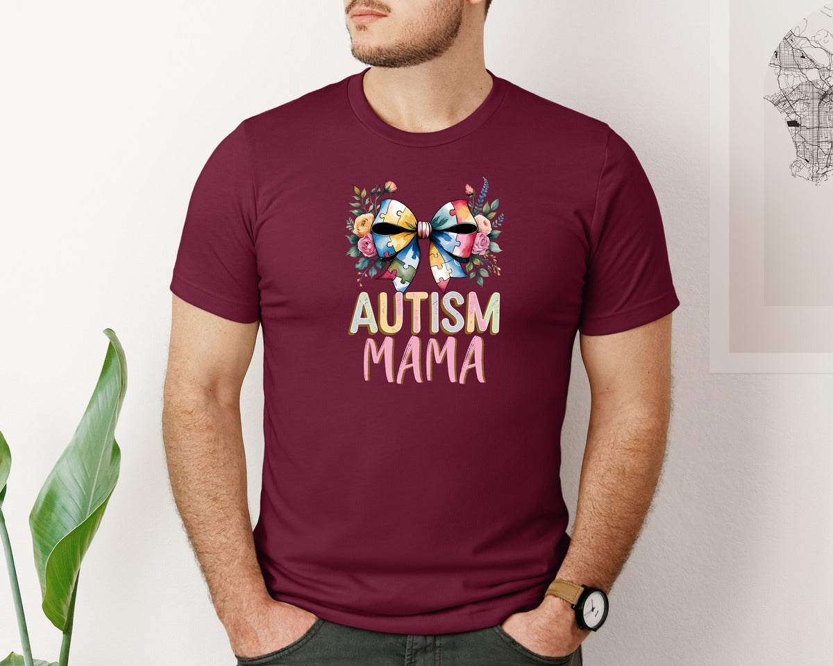 brand:Bella Canvas|color:Heather Maroon|Autism Mama Elegant Floral Puzzle Bow Graphic T-Shirt