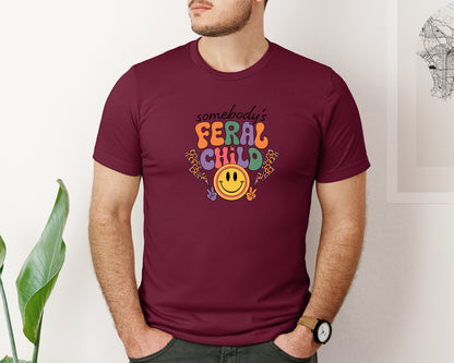 brand:Bella Canvas|color:Heather Maroon|Somebodys Feral Child Funny Summer Graphic T-Shirt