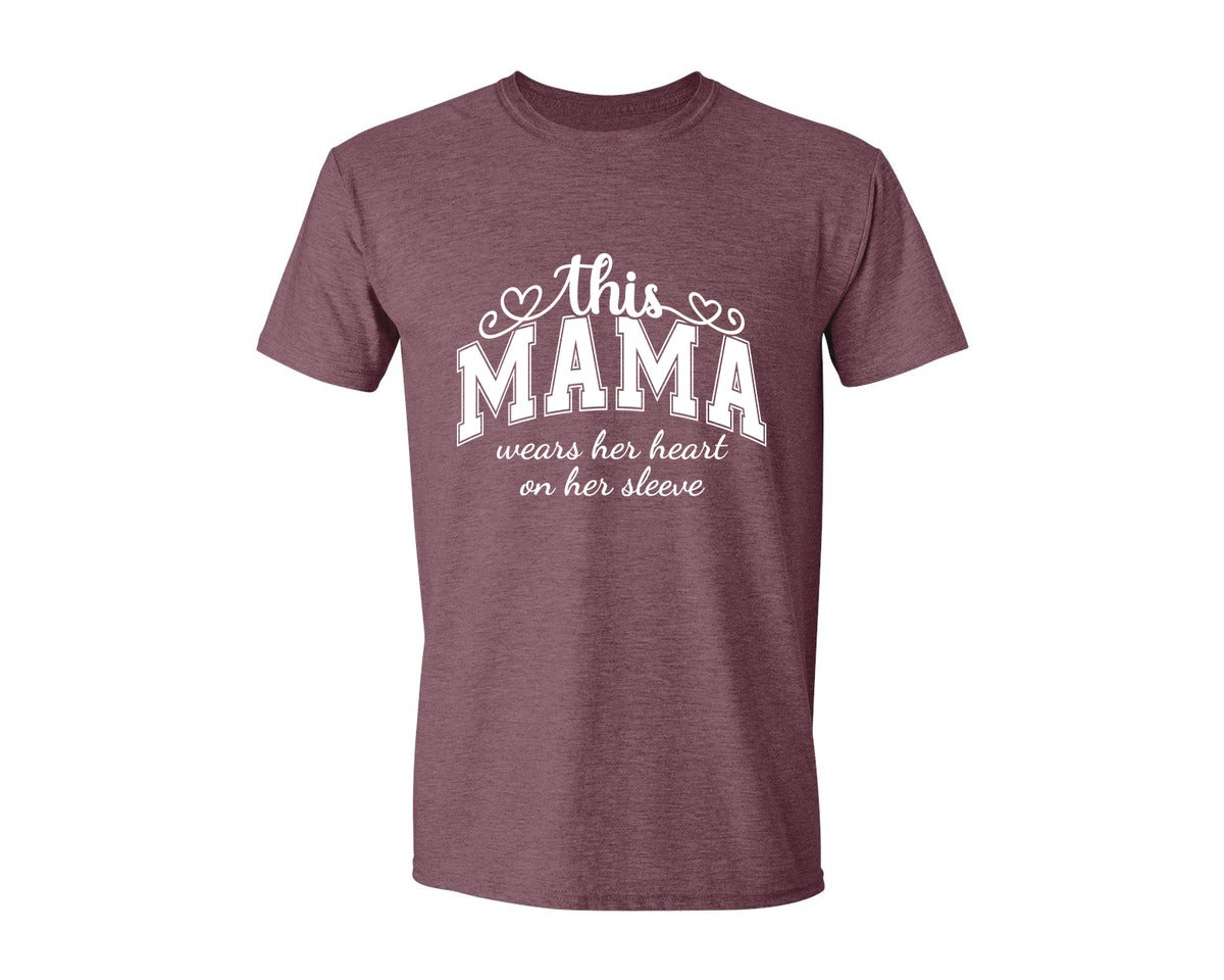 brand:Generic|color:Heather Maroon|This Mama Wears Her Heart On Her Sleeve 74 Graphic T-Shirt