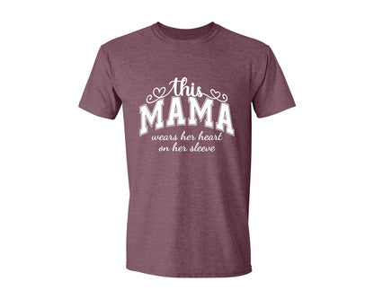brand:Generic|color:Heather Maroon|This Mama Wears Her Heart On Her Sleeve 74 Graphic T-Shirt