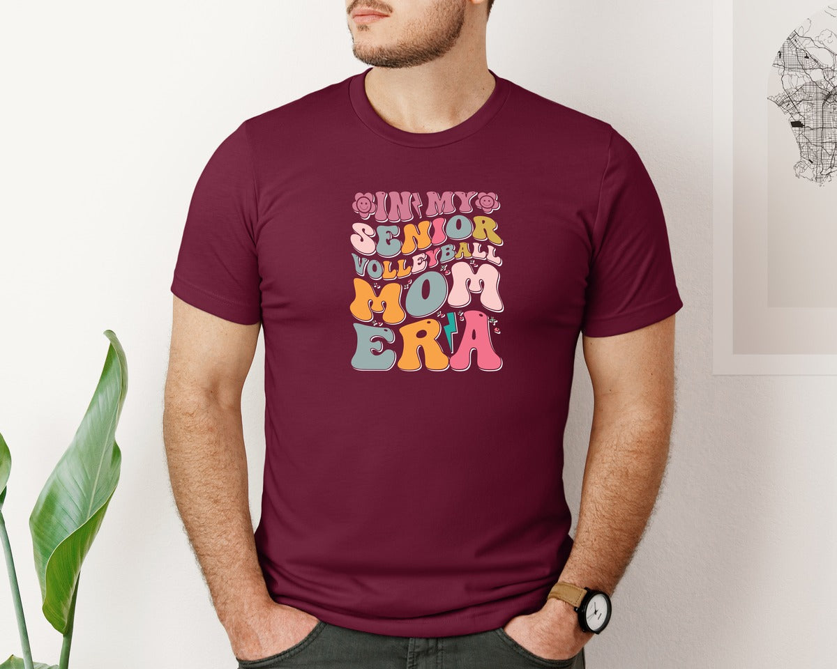 brand:Bella Canvas|color:Heather Maroon|In My Senior Volleyball Mom Era Graphic T-Shirt