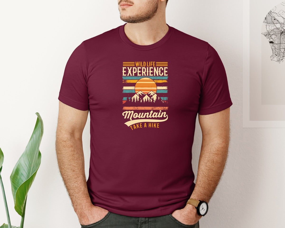 brand:Bella Canvas|color:Heather Maroon|Wild Life Experience Mountain Hiking Tee Graphic T-Shirt