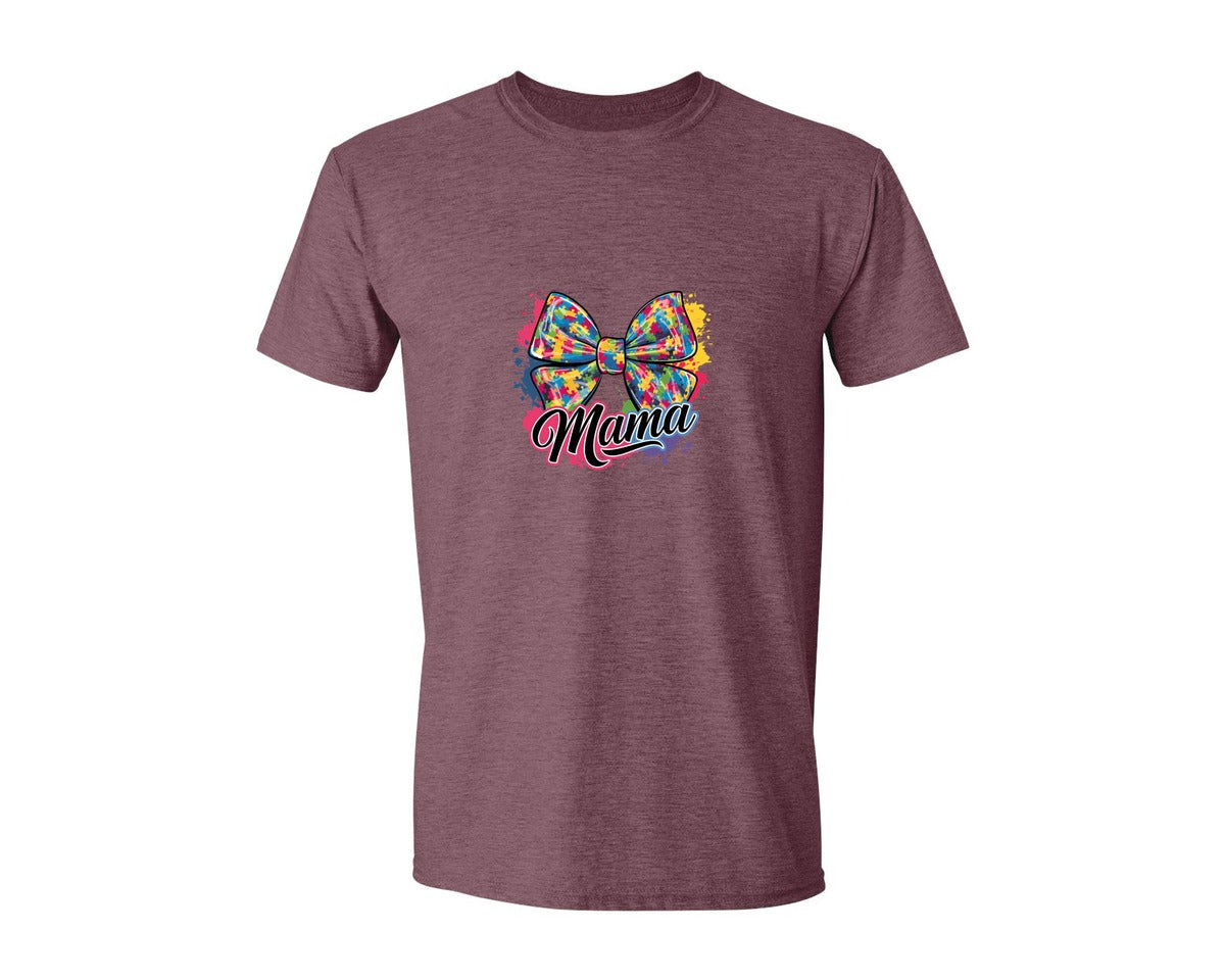 brand:Generic|color:Heather Maroon|Autism Mama Colorful Puzzle Bow Art Graphic T-Shirt