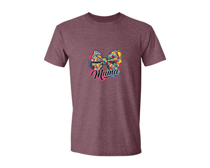 brand:Generic|color:Heather Maroon|Autism Mama Colorful Puzzle Bow Art Graphic T-Shirt