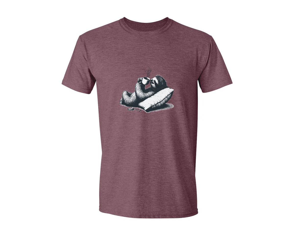 brand:Generic|color:Heather Maroon|Sloth Lying And Drink Coffee Shirt Graphic T-Shirt