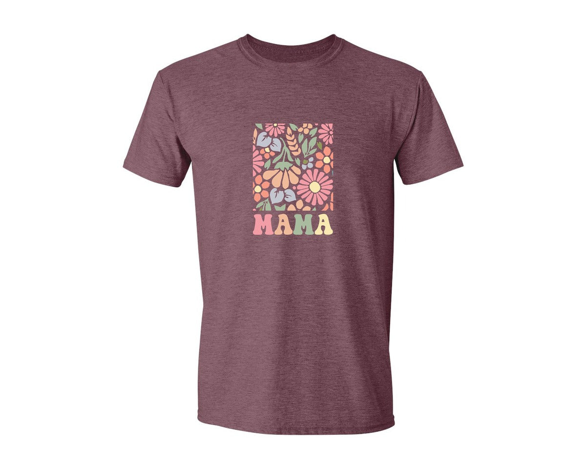 brand:Generic|color:Heather Maroon|Boho Floral Mama Mama Flower Graphic T-Shirt