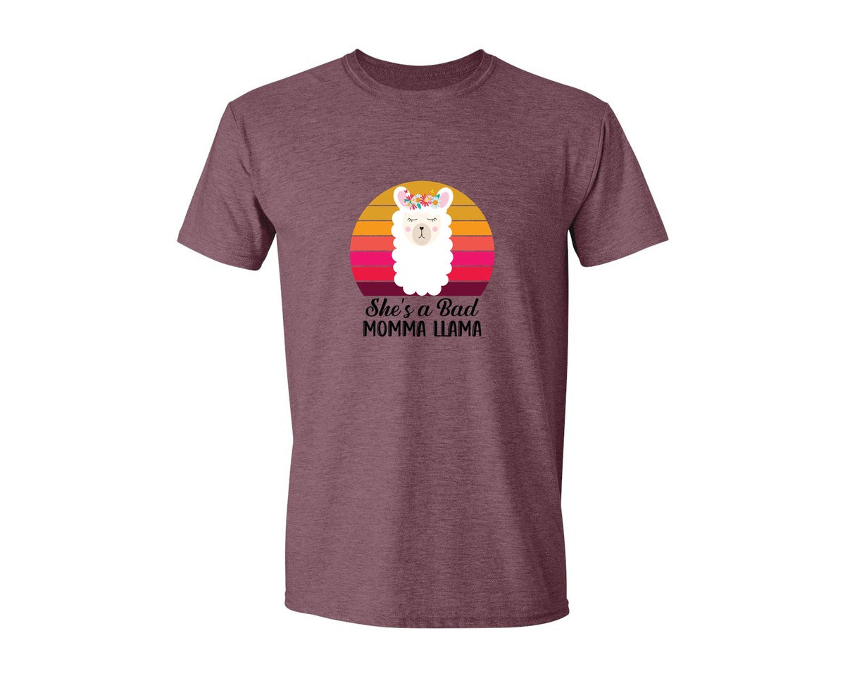 brand:Generic|color:Heather Maroon|Shes A Bad Momma Llama Retro T Shirt Graphic T-Shirt