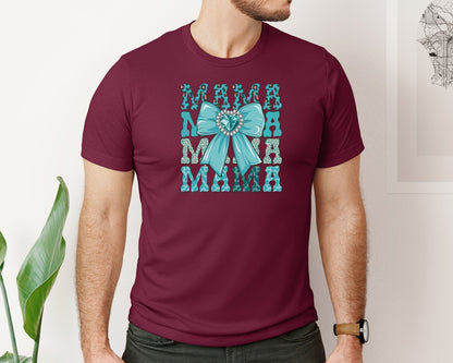 brand:Bella Canvas|color:Heather Maroon|Trendy Mama Leopard Print Bow 3 Graphic T-Shirt