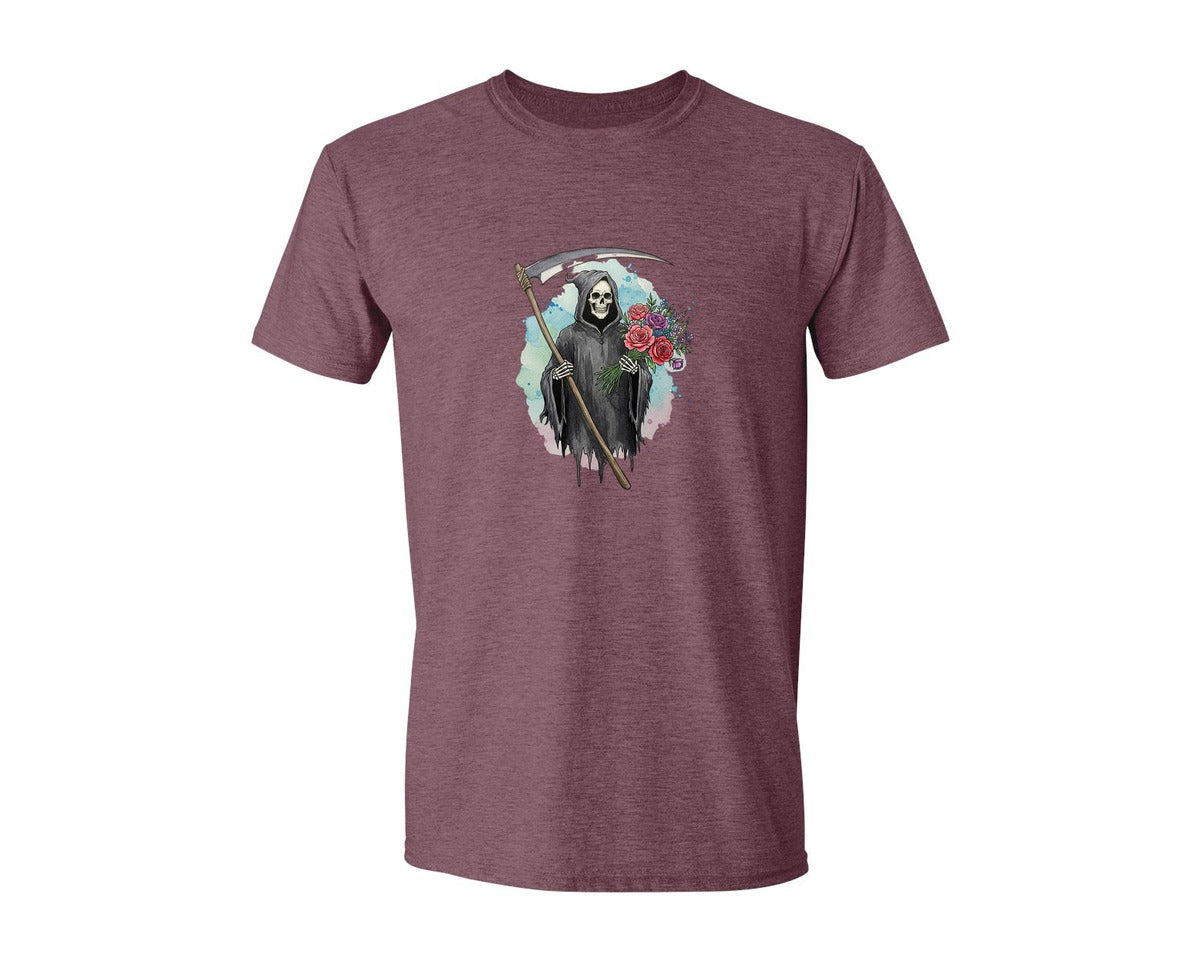 brand:Generic|color:Heather Maroon|Grim Reaper With Flowers Gothic Graphic T-Shirt
