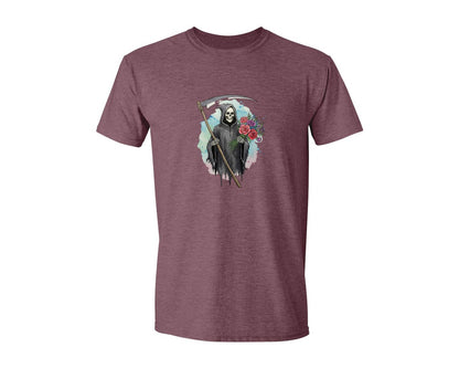 brand:Generic|color:Heather Maroon|Grim Reaper With Flowers Gothic Graphic T-Shirt