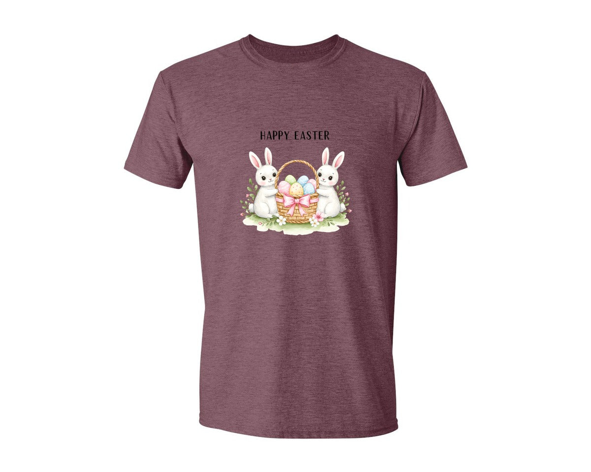 brand:Generic|color:Heather Maroon|Happy Easter Bunnies With Basket Cu Graphic T-Shirt