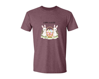 brand:Generic|color:Heather Maroon|Happy Easter Bunnies With Basket Cu Graphic T-Shirt