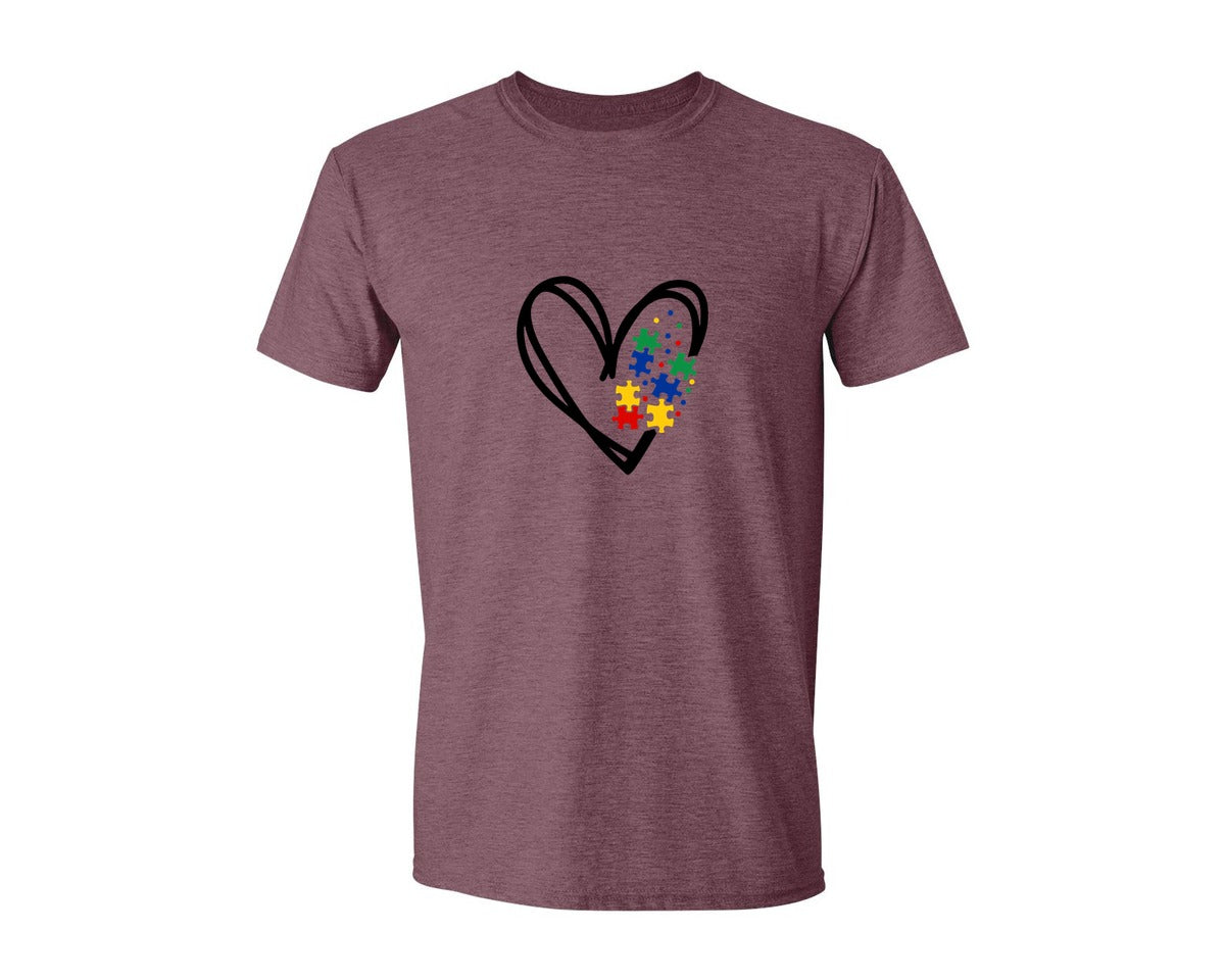 brand:Generic|color:Heather Maroon|Autism Heart Autism Puzzle Graphic T-Shirt