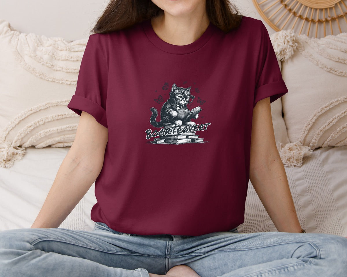 brand:Bella Canvas|color:Heather Maroon|Book Trovert Reading Cat Shirt Graphic T-Shirt