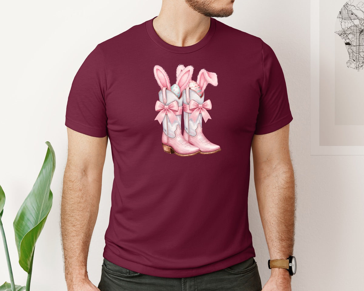 brand:Bella Canvas|color:Heather Maroon|Howdy Western Easter Bunny Cowboy Boots Graphic T-Shirt