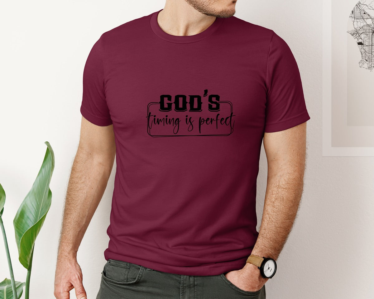 brand:Bella Canvas|color:Heather Maroon|Gods Timing Is Perfect Sleeve Design Graphic T-Shirt
